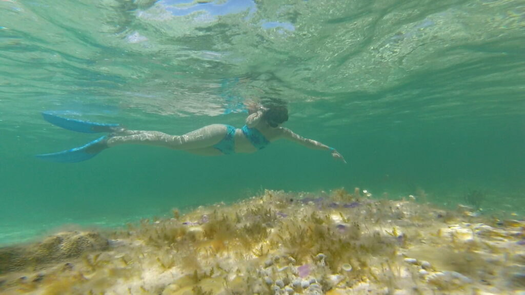 Sam snorkeling in the waters of the Caribbean in Grand Bahamas