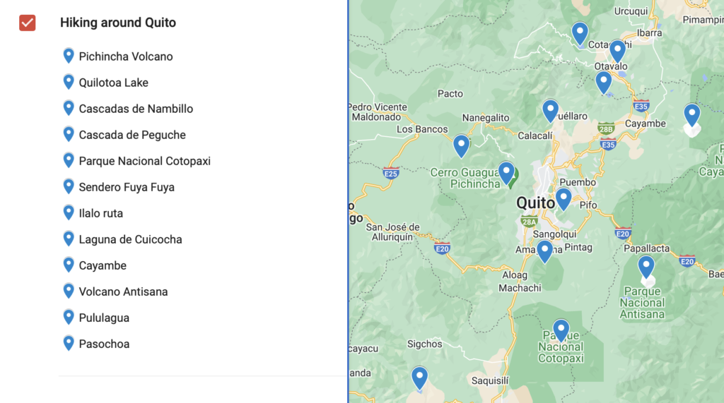 Hiking around Quito map